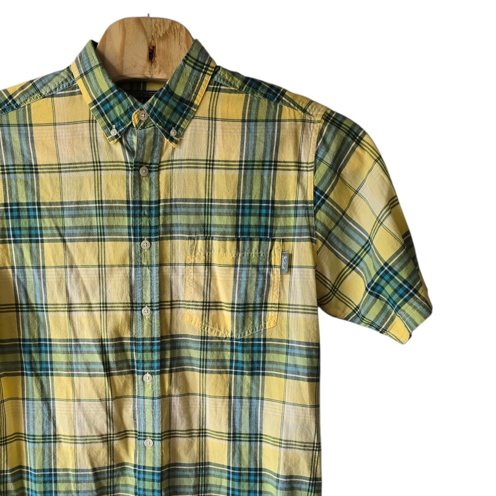 Woolrich Mens Large Yellow Green Plaid Short Sleeve Button Down Cotton Shirt‎